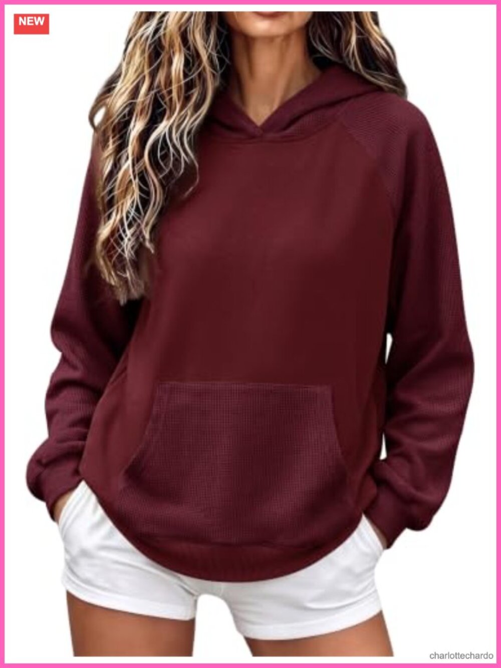 Womens Waffle Knit Hoodie Pullover Long Sleeve Oversized Sweatshirt